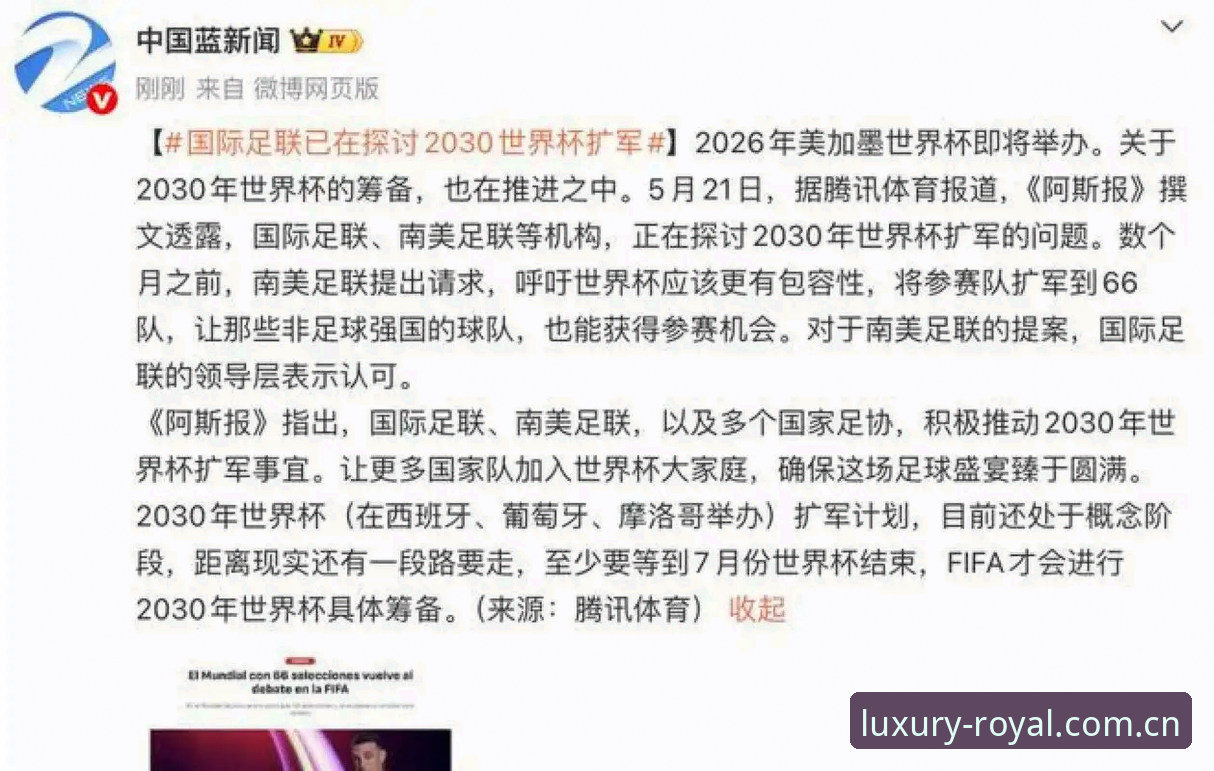 世界杯扩军至66队最新进展：2030年或将迎来史上最包容足球盛宴